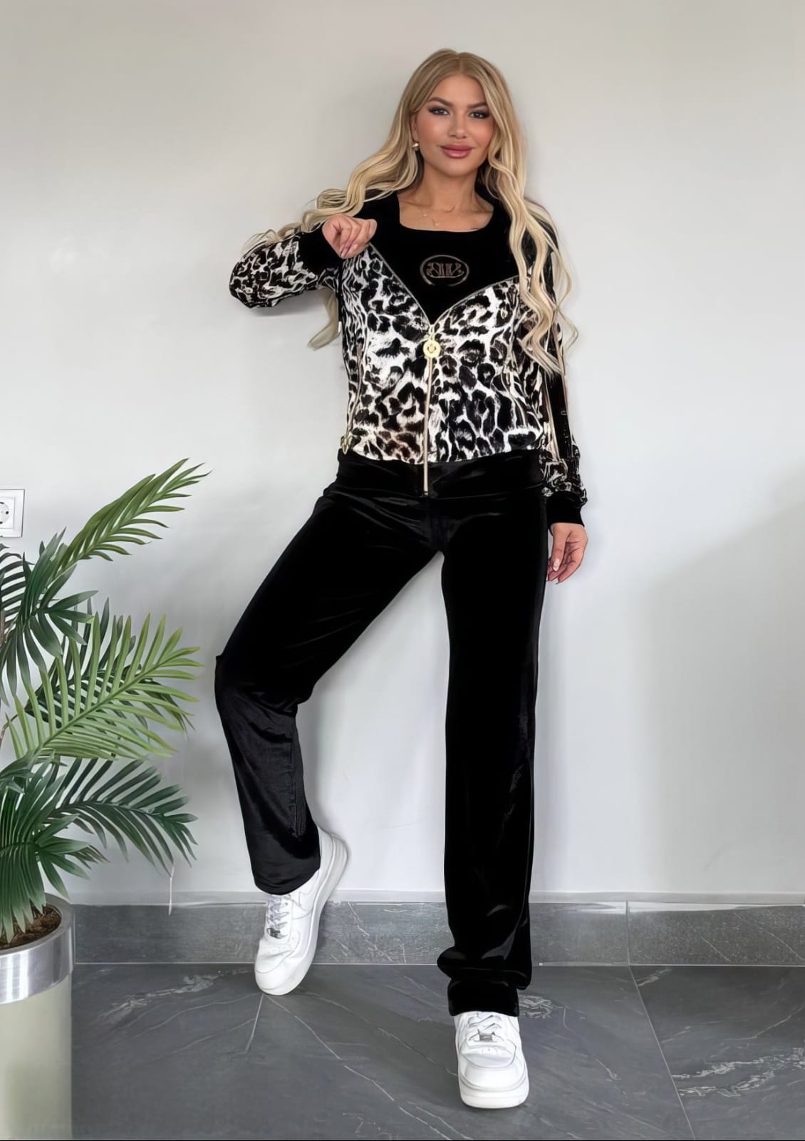Black Velvet 3-Piece Set with Leopard Jacket β¨π€