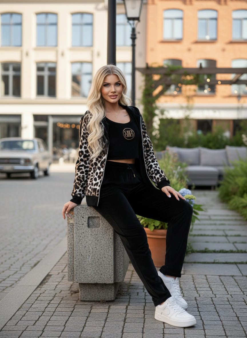 Black Velvet 3-Piece Set with Leopard Jacket ✨🖤