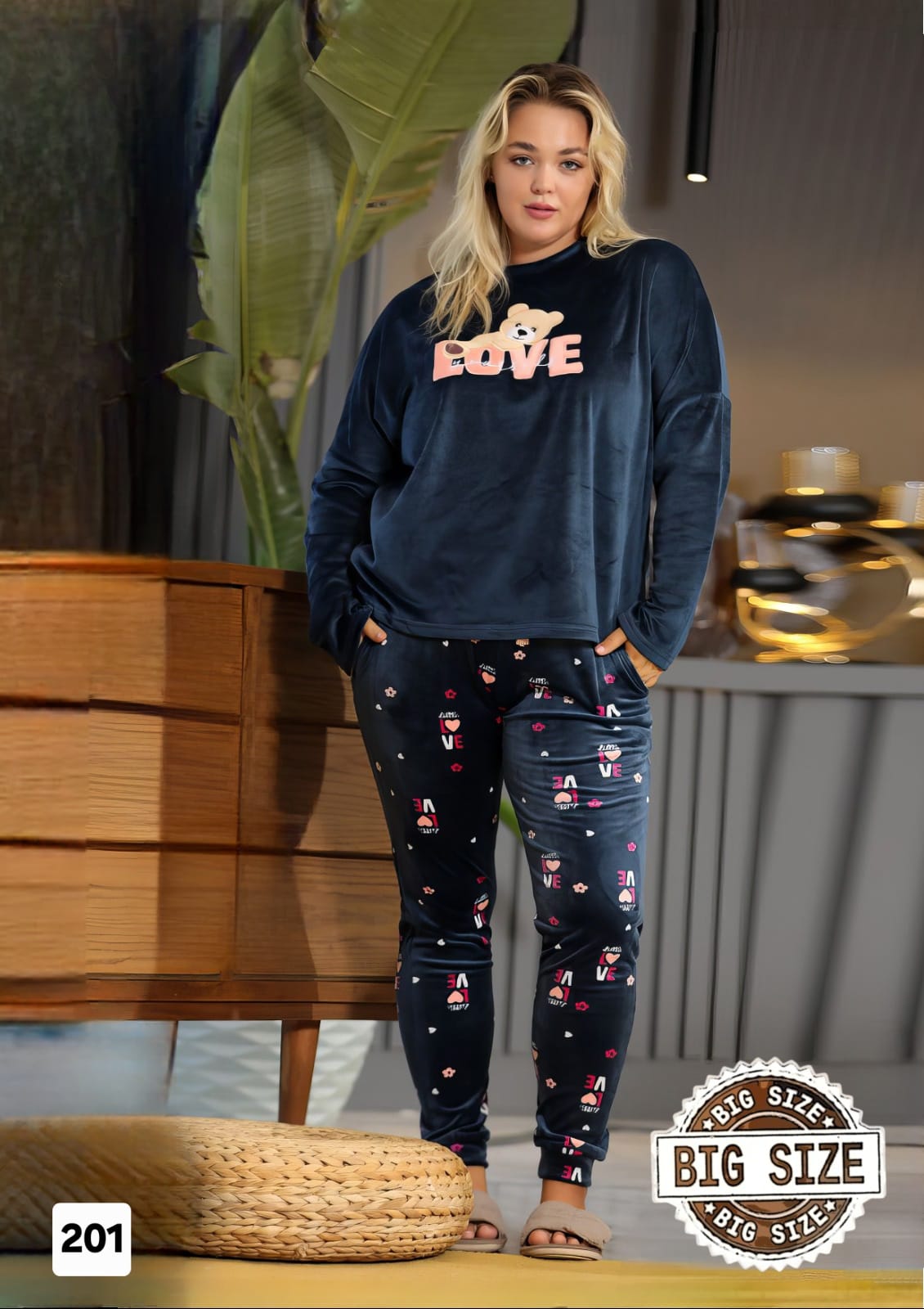 Navy Blue LOVE" Velvet Pajama Set – Cozy & Stylish Big Size (80–110 kg) ✨