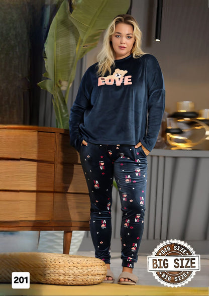Navy Blue LOVE" Velvet Pajama Set – Cozy & Stylish Big Size (80–110 kg) ✨