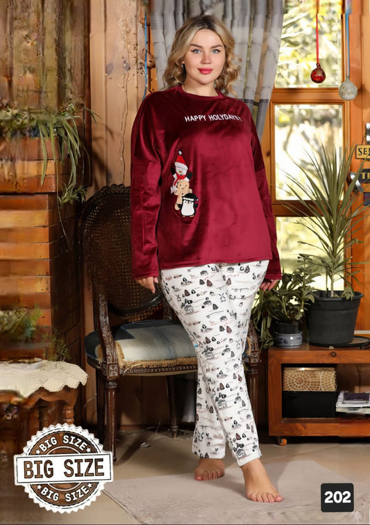 Burgundy & White Winter Velvet Pajama Set - Big Size (80-110 kg) ✨