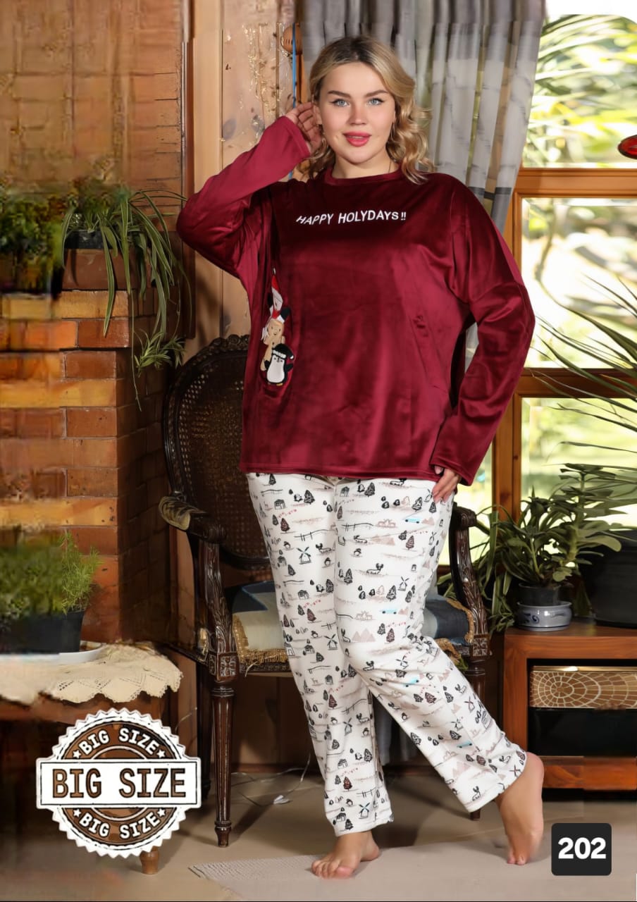 Burgundy & White Winter Velvet Pajama Set - Big Size (80-110 kg) ✨