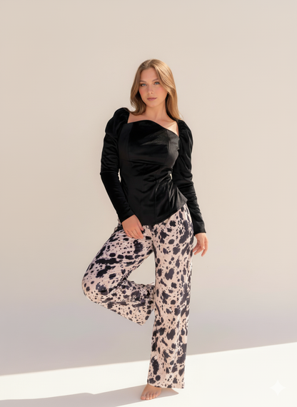 Black Velvet Top & Wide-Leg Pants Set