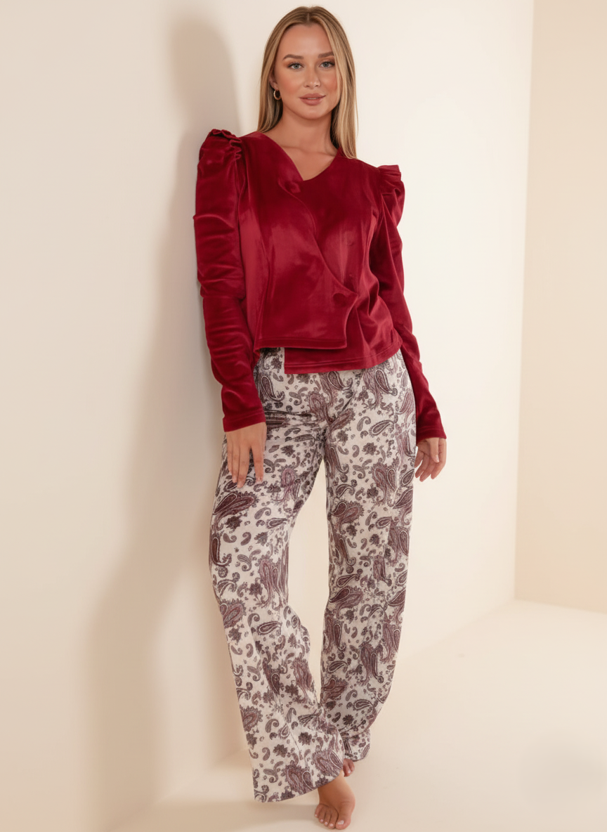 Burgundy Velvet & Wide-Leg Pants Set
