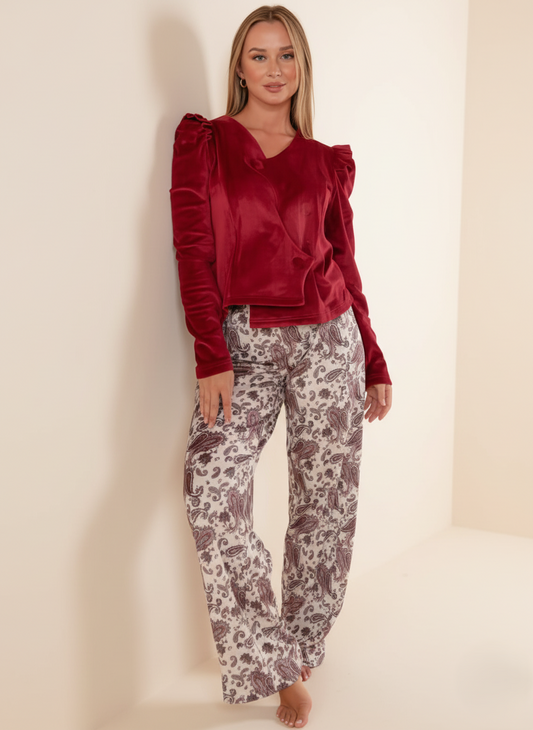 Burgundy Velvet & Wide-Leg Pants Set