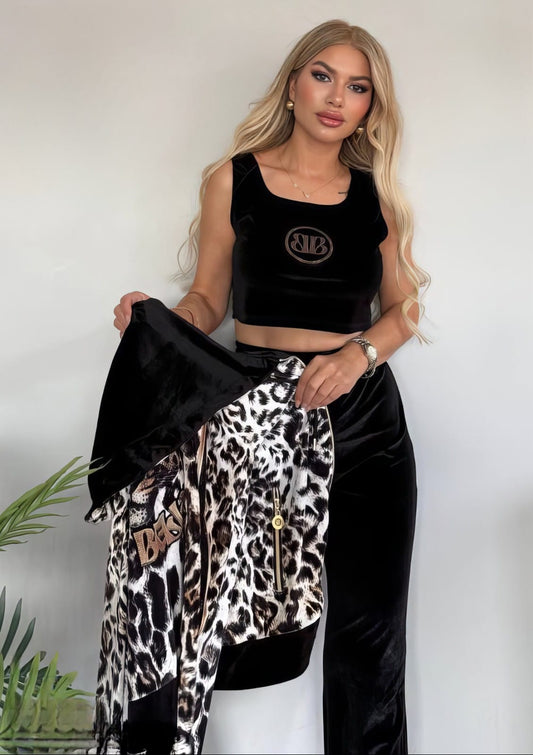 Black Velvet 3-Piece Set with Leopard Jacket ✨🖤